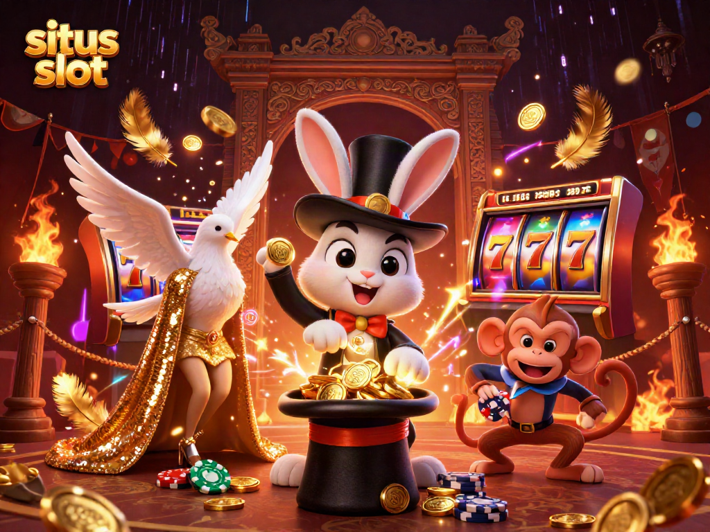 Engage with the vivid scene of situs slot featuring a magician rabbit, dove, and monkey in a dynamic 3D illustration.