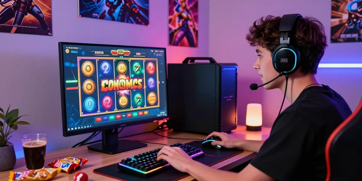 Exciting gaming scene featuring a player engaged with slot depo 5000 game on computer, highlighting vibrant graphics and gaming accessories.
