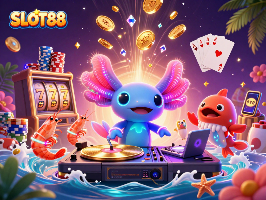SLOT88 dapatkan jackpot besar dalam permainan slot tersemangat dengan suasana kasino yang penuh warna.