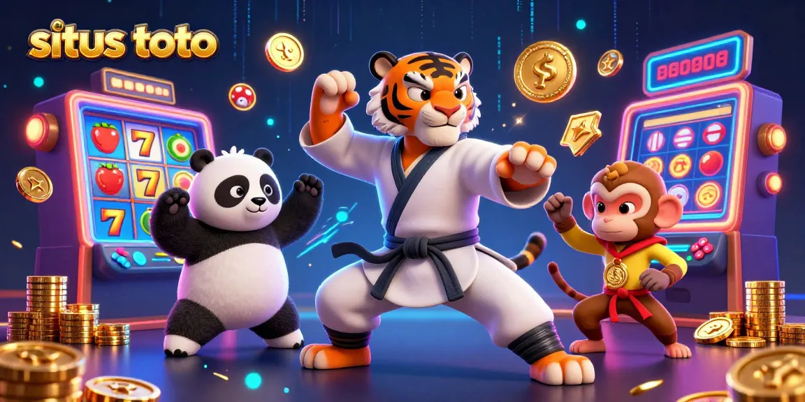 Situs toto showcases a vibrant 3D illustration with a kung fu tiger master, slot machines, and golden coins.
