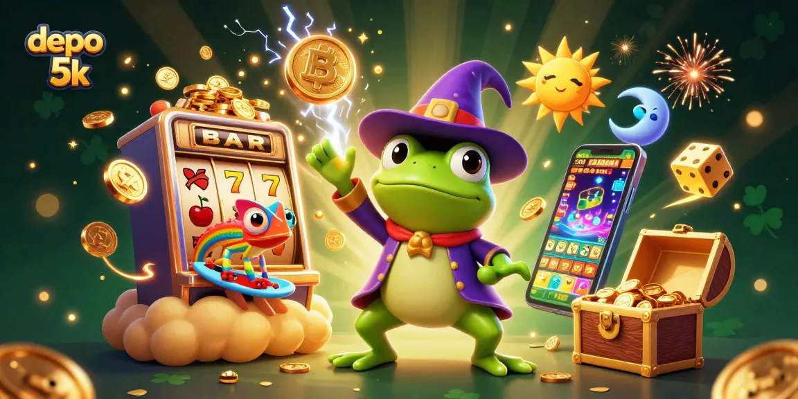 Spin and win with the depo 5k slots, featuring a wizard frog and chameleon in a dazzling gold scene.