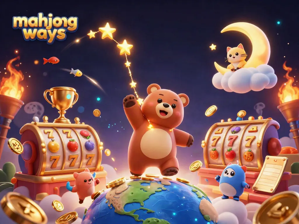 A constellation bear collects coins for mahjong ways, surrounded by dynamic slot elements and golden trophies.