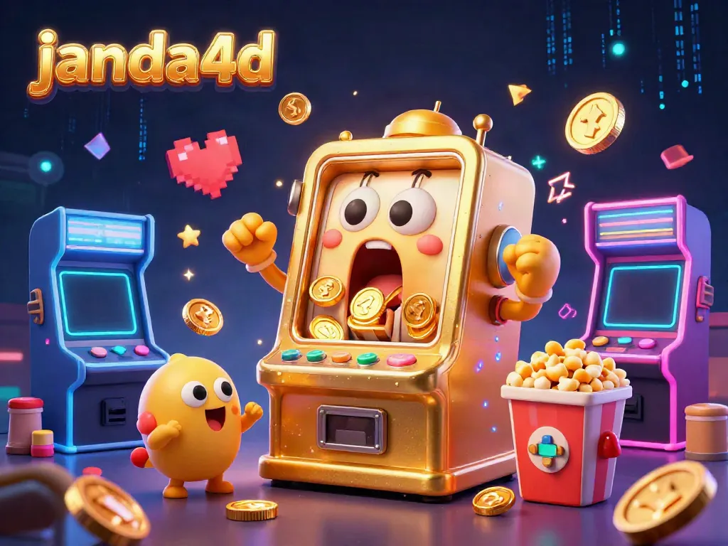 Mesin slot janda4d jackpot dengan mesin slot kecil bersorak sambil dikelilingi koin berkilau.
