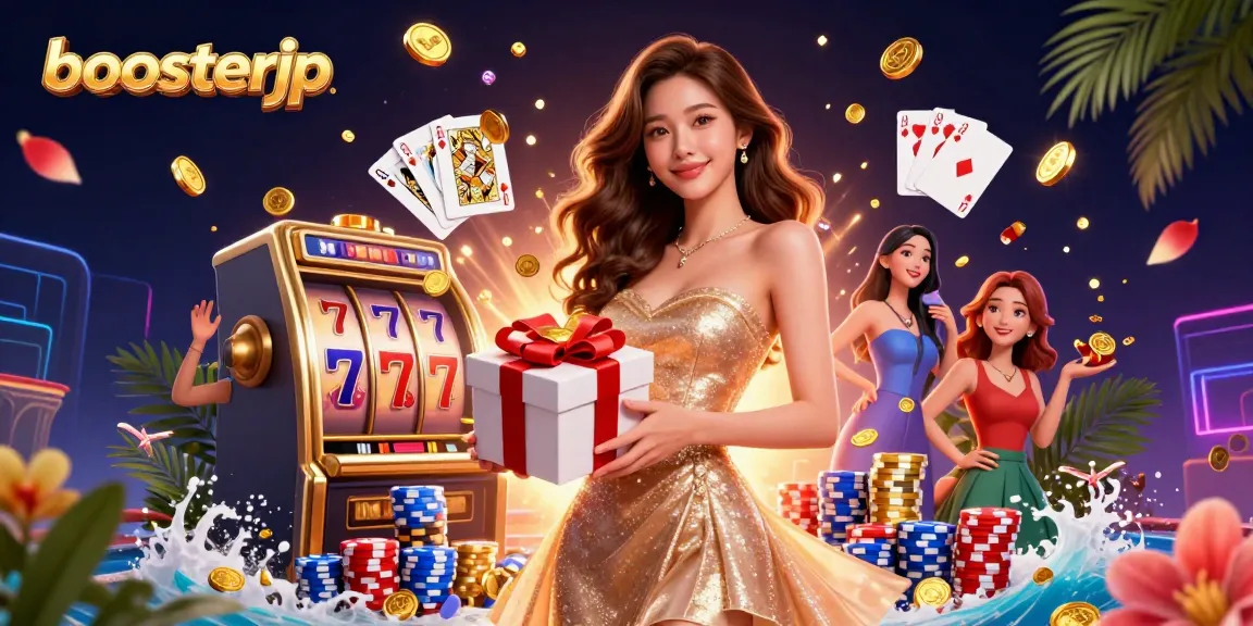 Boost your winnings with boosterjp in a vibrant casino-themed illustration featuring slot machines!