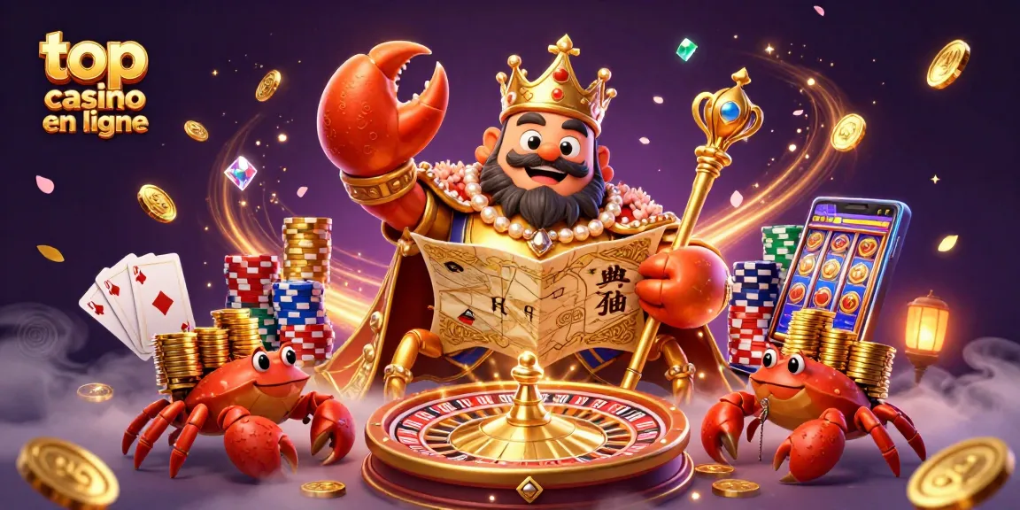 Gagnez avec le meilleur casino en ligne : illustration d'un empereur crabe entouré de richesses et de jeux.