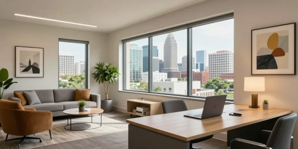 Corporate housing austin featuring a modern furnished apartment with stylish decor and city views.