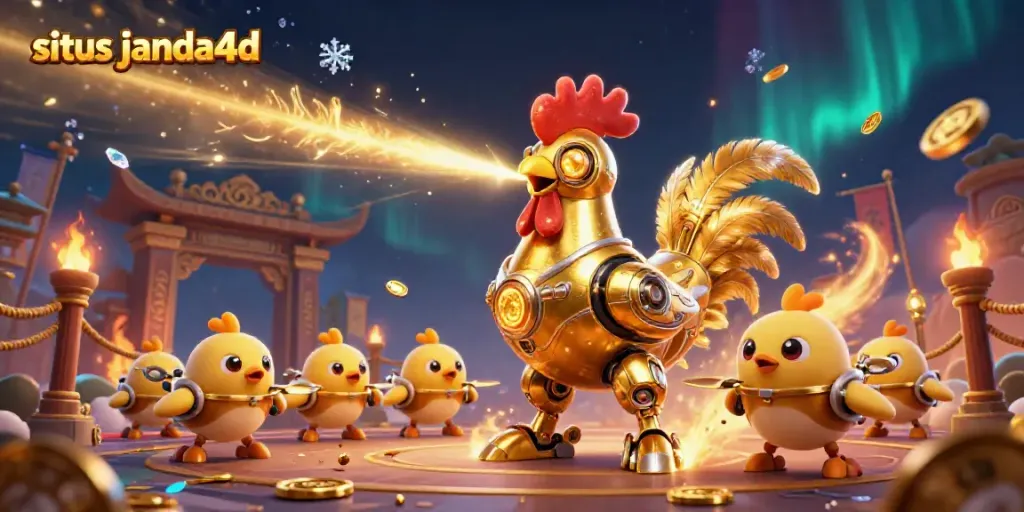 Permainan slot online di situs janda4d dengan robot ayam emas dan efek menarik.