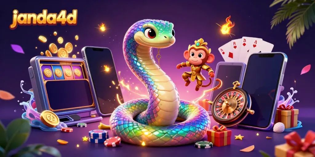 Permainan slot di janda4d menampilkan ular pelangi berkilau dan raja monyet bersenjatakan emas.