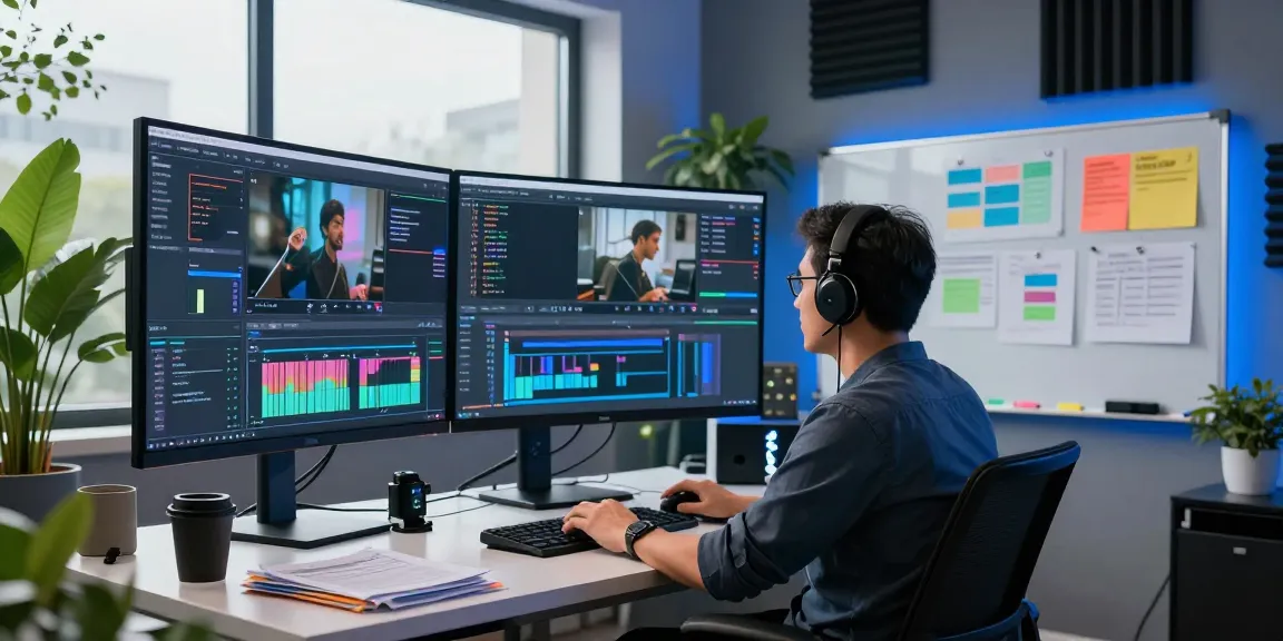 AI video prompt ai generator in a high-tech studio analyzing data with dynamic visuals and creative tools.
