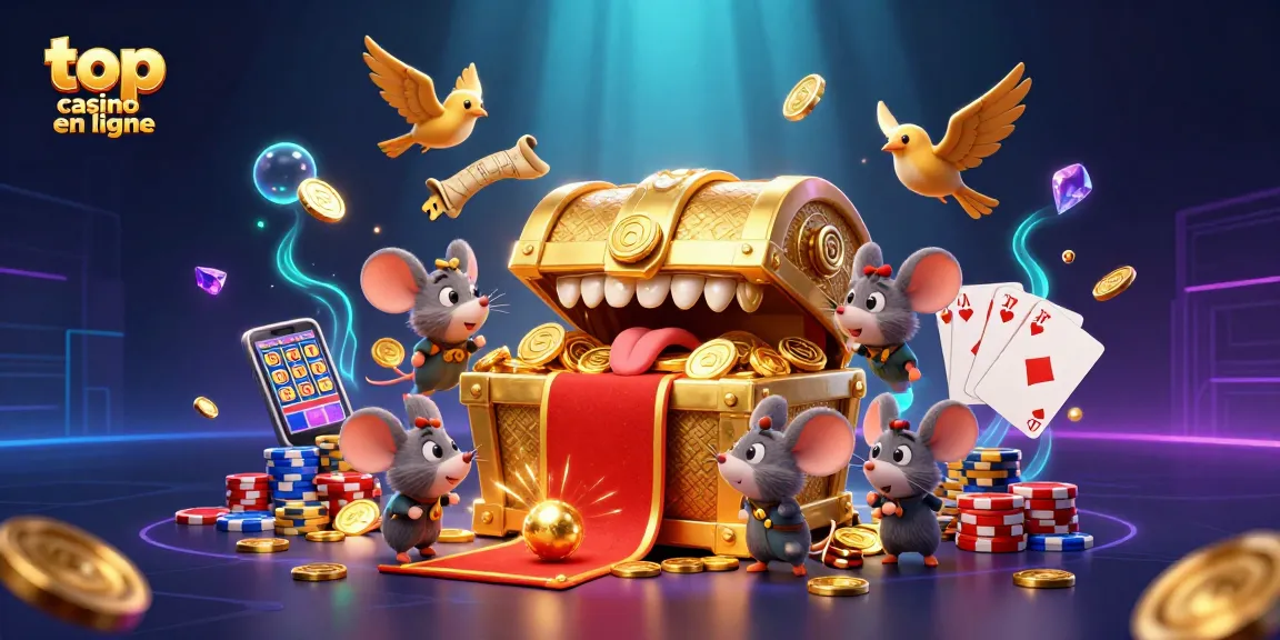 Illustration dynamique d'un trésor doré et jeux de casino, découvrant top casino en ligne.