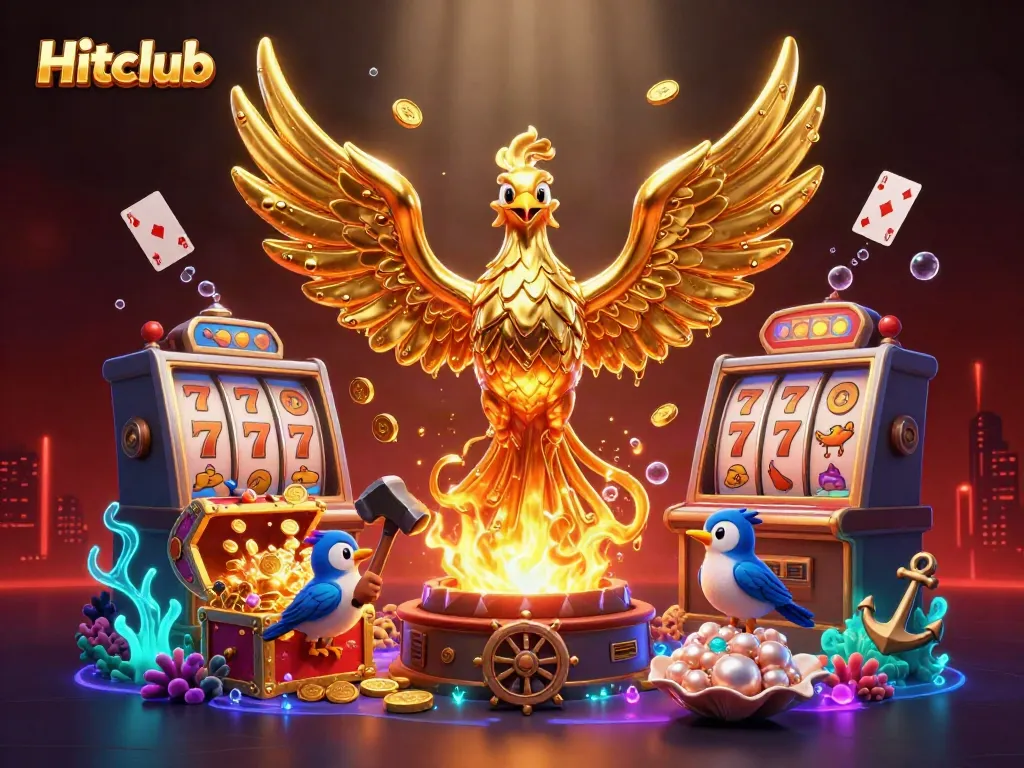 Hitclub shows a golden phoenix emerging from a forge, surrounded by dynamic casino elements.