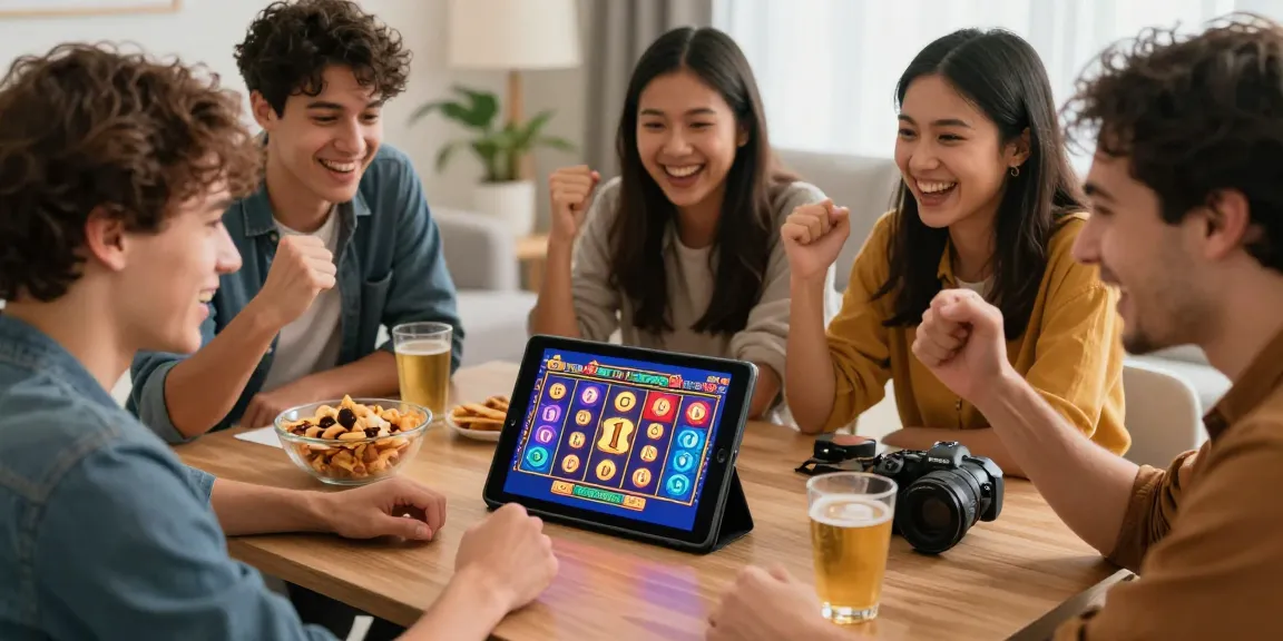 Friends enjoying a thrilling slot deposit 1k game together, celebrating wins in a cozy living room.