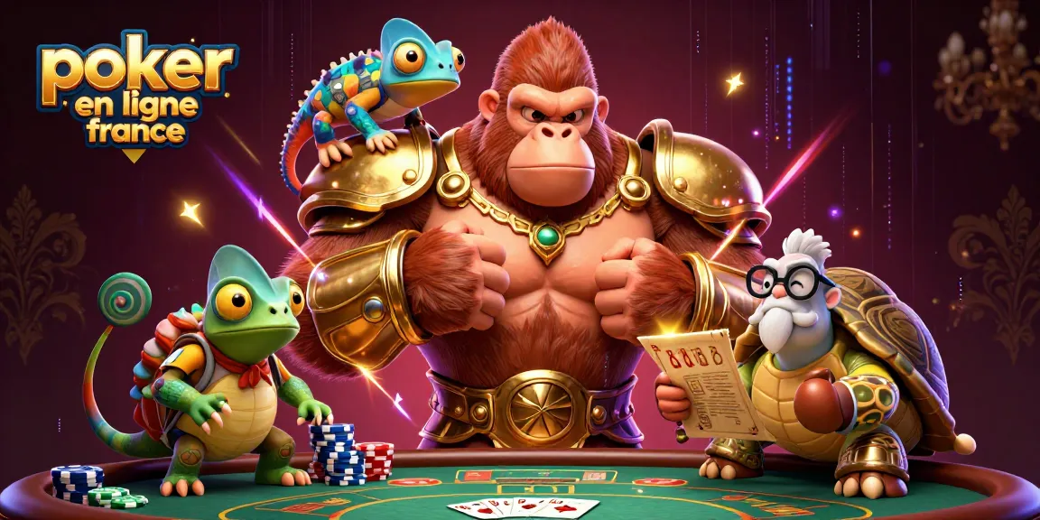 Jouer au poker en ligne France avec des personnages en 3D dans un décor luxueux.