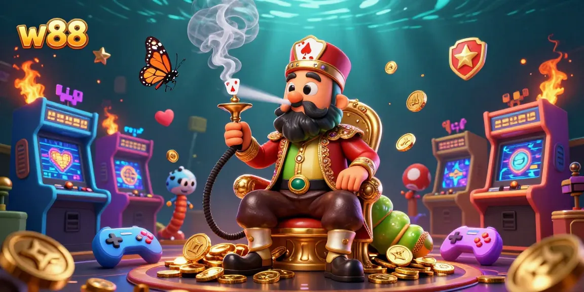 Cá cược tại w88 với hình ảnh nghệ thuật 3D của chú sâu khổng lồ trong trang phục sultan trên nền ánh sáng tuyệt đẹp.