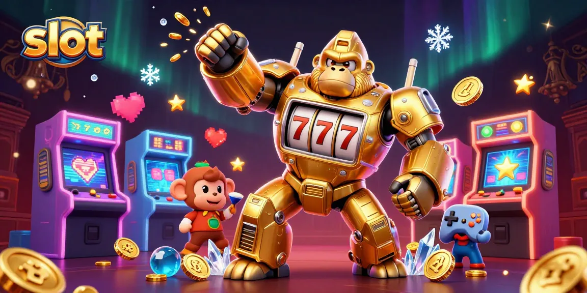 Spin the slot machine and win big with the golden gorilla mech design featuring colorful game elements.