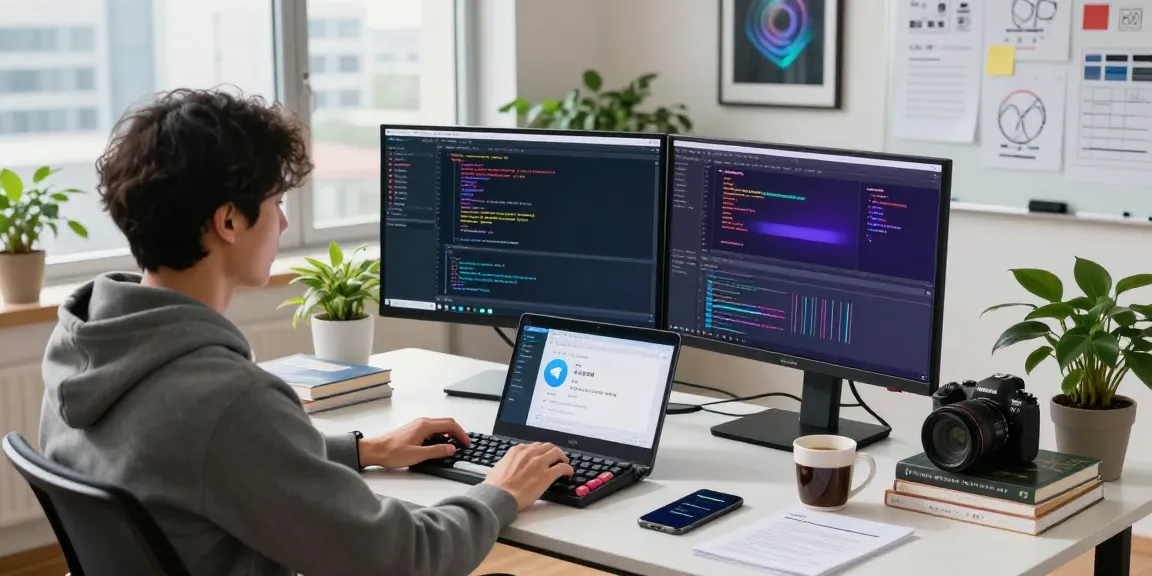 Workspace depicting telegram chinese support with developer coding in an engaging tech environment.