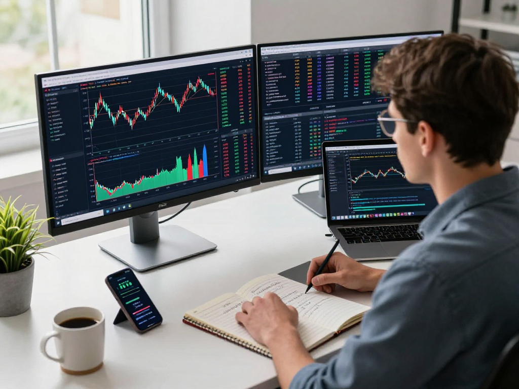 TradingView analysis in a modern workspace with market charts and trading alerts.