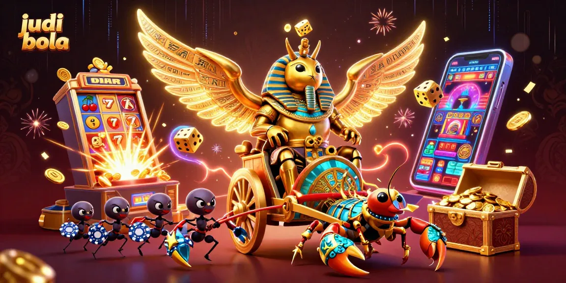 Experience judi bola excitement with vibrant chariot racing golden scarabs in a packed casino scene.