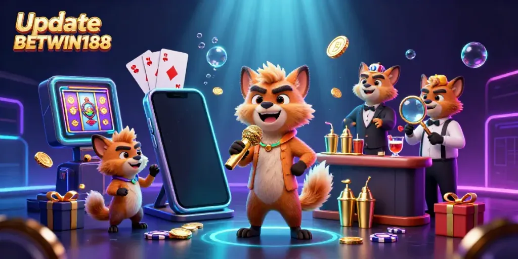 Penuhi informasi Update BETWIN188 dengan gambar penuh warna dari kasino komedi, menghadirkan hyena bercerita, bartender, dan pengaman.