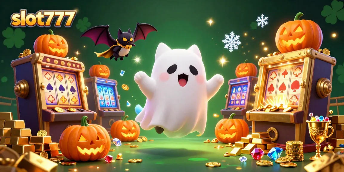 Experience the thrill of slot777 with a playful ghost cat and treasures in a vibrant casino.