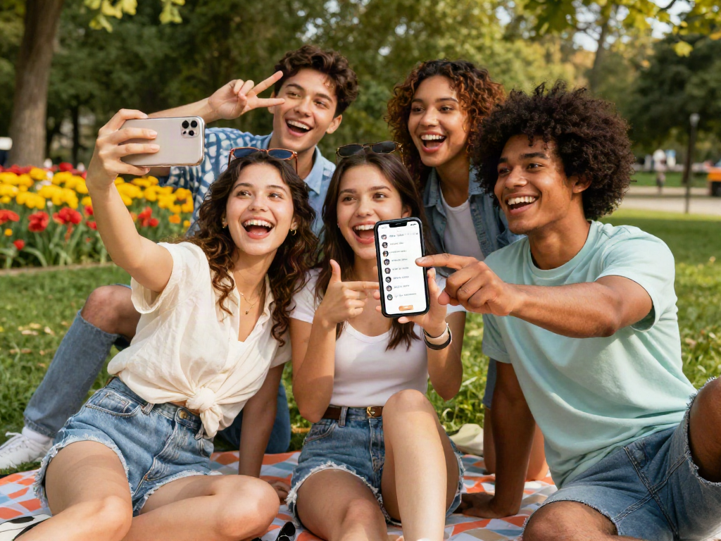 Group of friends having fun taking selfies while testing how old do I look using a smartphone app in a park.