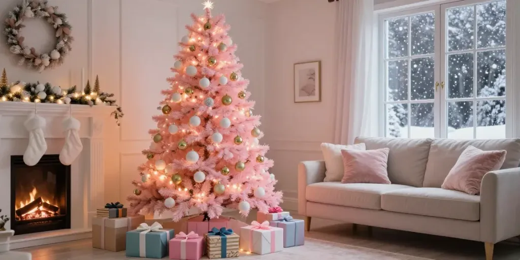 Light pink Christmas tree decorated with ornaments in a cozy living room.