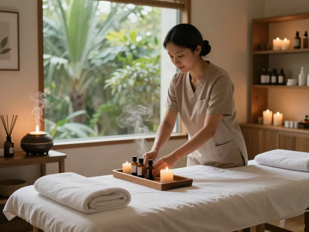 Relaxing 안양출장마사지 therapy room with natural light, calming oils, and massage setup