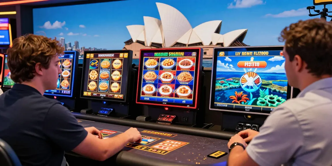 Exciting online casinos Australia experience with gamer enjoying vibrant slot options and iconic Australian landmarks.