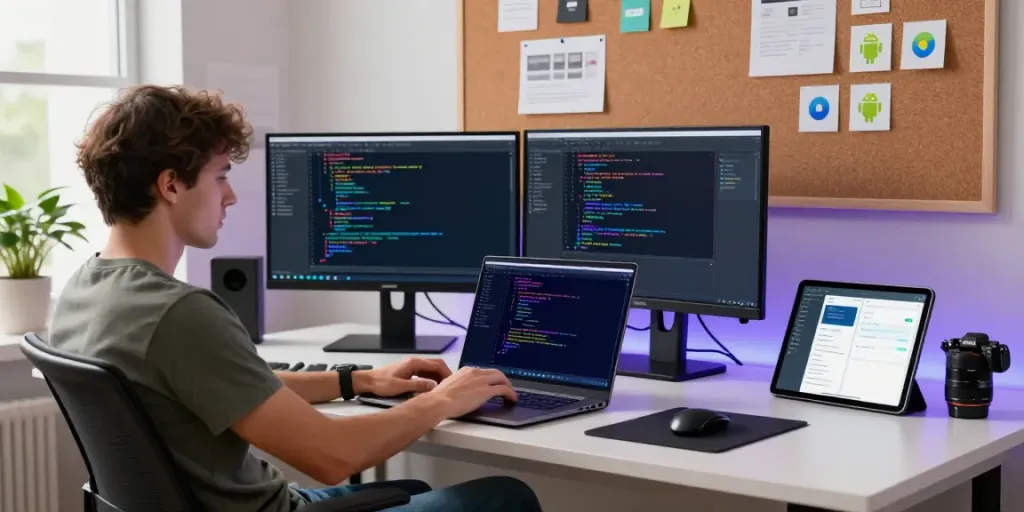 Developer coding on h5.2113.net in modern workspace with vibrant Android app interfaces.