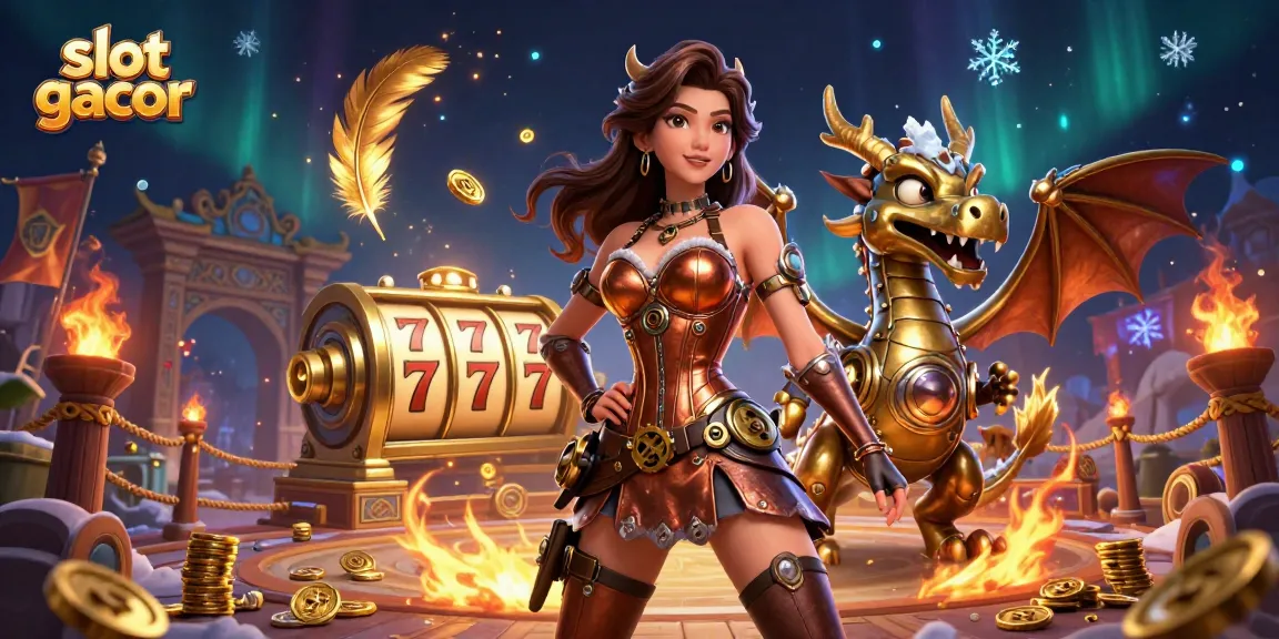 Spin golden slot gacor reels surrounded by a steampunk dragon, vibrant casino scene.