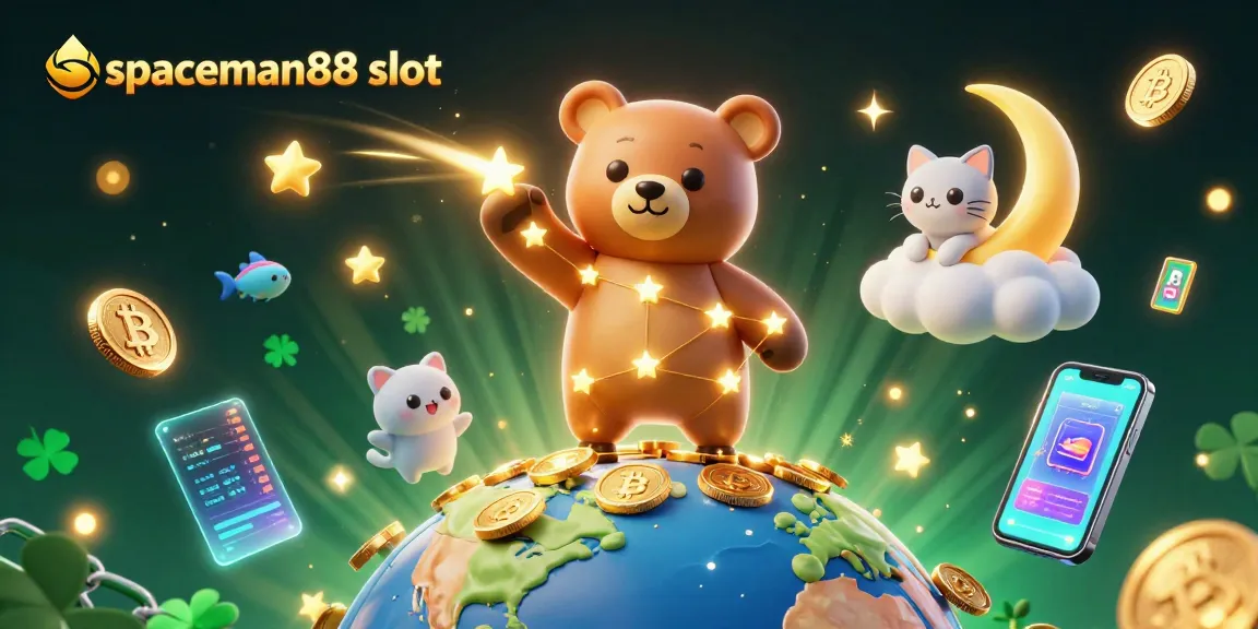Experience thrilling wins at spaceman88 slot with a vibrant 3D casino illustration featuring golden stars and crypto coins.
