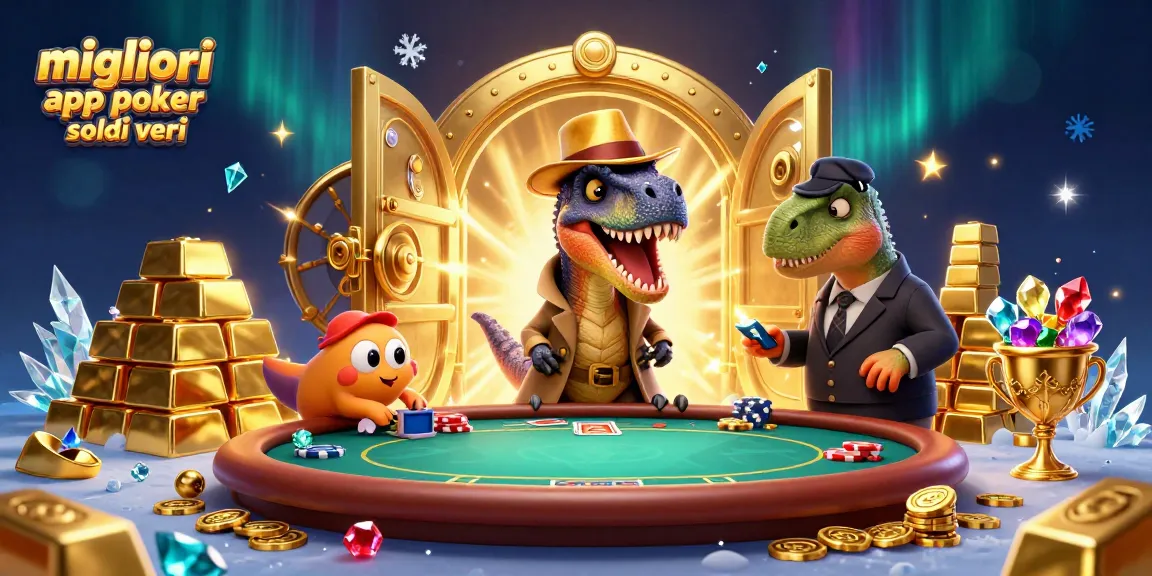 Migliori app poker soldi veri in un'illustrazione che mostra un velociraptor al tavolo da poker mentre viene osservato da un pit boss stegosaurus.