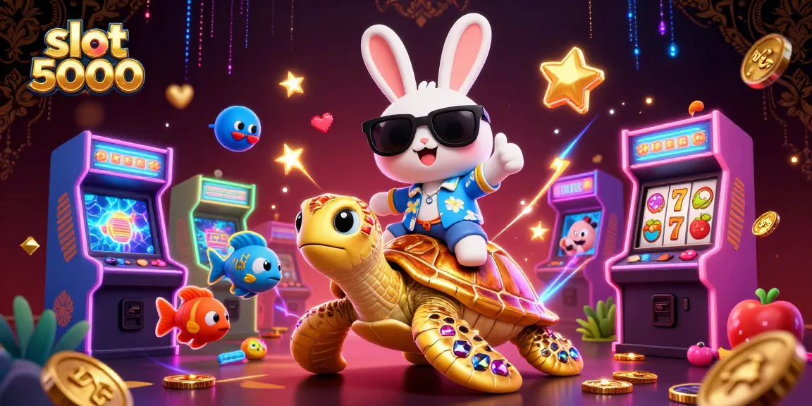 Engage with the vibrant slot 5000 scene featuring a lucky rabbit and gem-encrusted turtle amidst dynamic gaming elements.