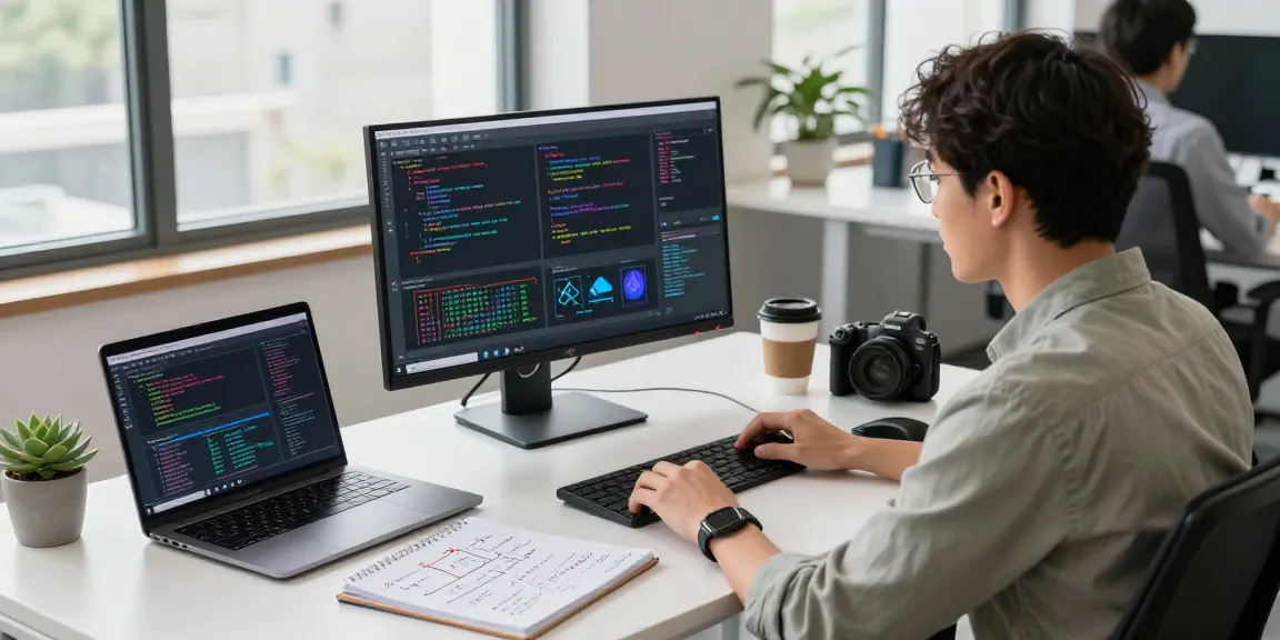 AI Detector algorithm analysis in a modern tech workspace with data scientist at the monitor.
