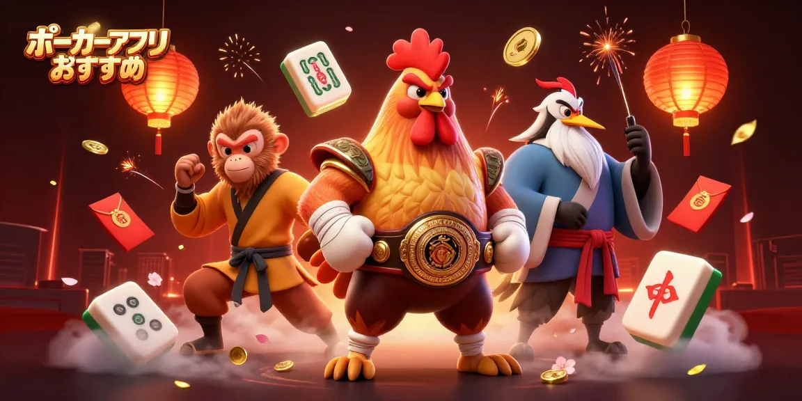ポーカーアプリおすすめを特集したキャッチーなイラストで、リアルなキャラクターとダイナミックな要素を融合。