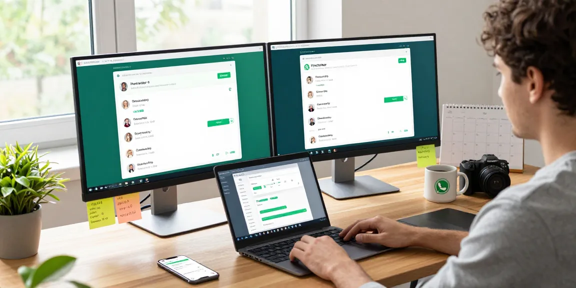 Engaging workspace featuring WhatsApp網頁版 on dual monitors, professional setup.