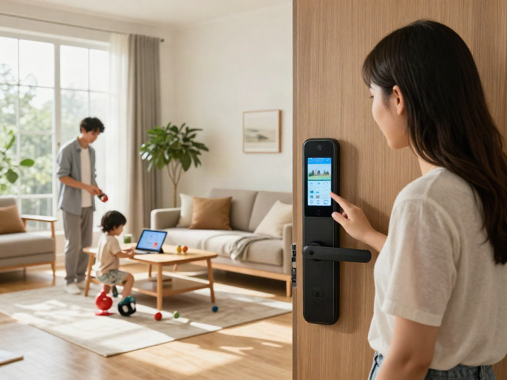 Family enjoying the convenience of قفل هوشمند in a modern living room.