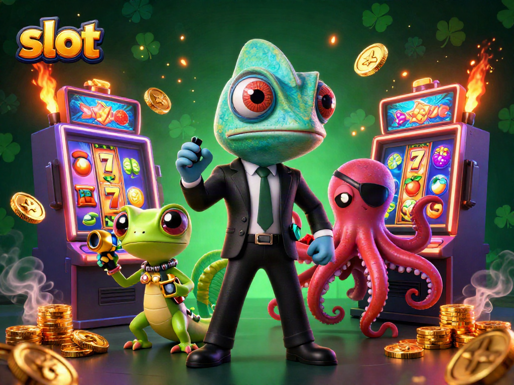 Spin the slot reels with colorful 3D characters in a vibrant casino scene.