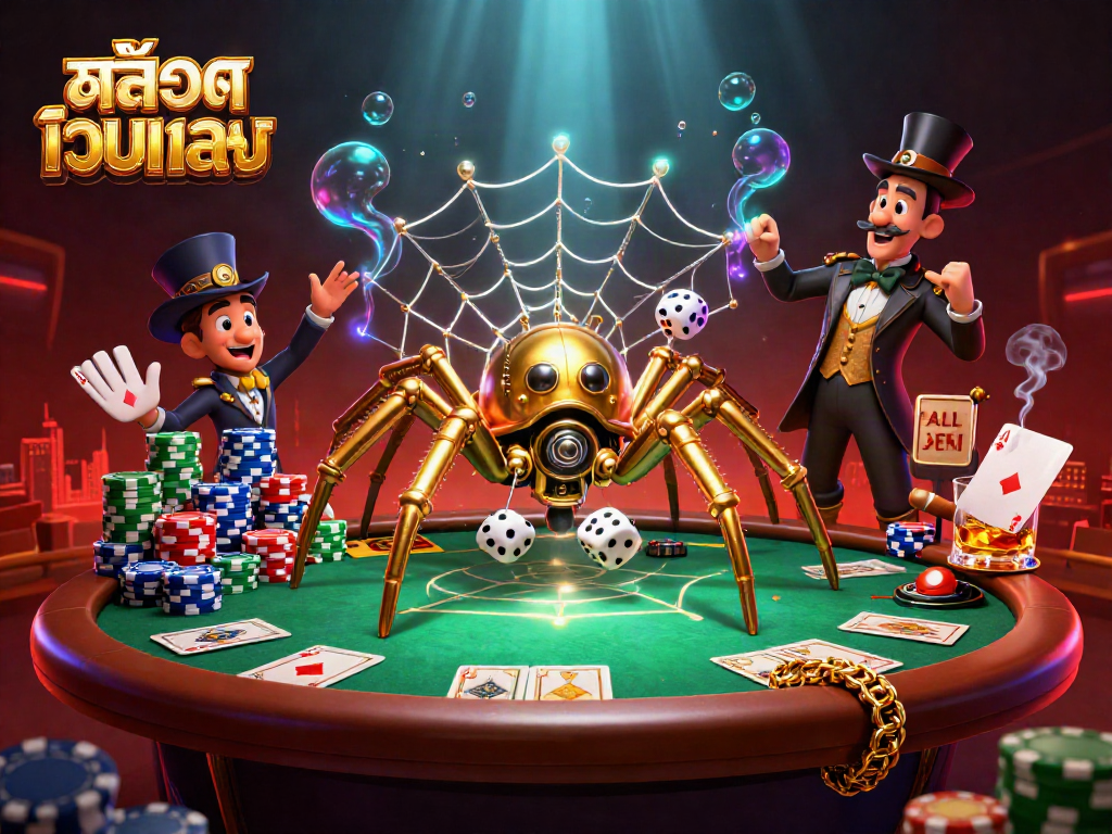 Experience the thrill of สล็อตเว็บตรง with a steampunk spider and Victorian-era fly in a rich casino scene.