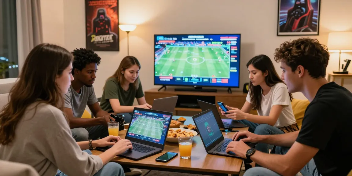 Friends engaging in an intense online betting session with newbet4d in a cozy living room.