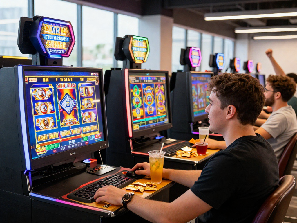Engaged player at bandar slot gacor terminal enjoying vibrant gaming experience in modern lounge.