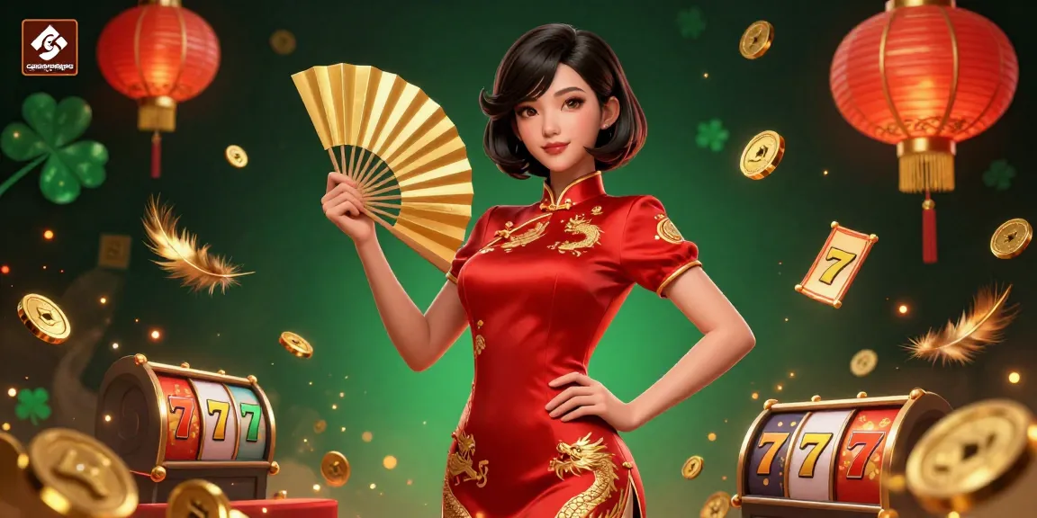 Une cascade de pièces d'or et des lanternes flottantes entourent un personnage en tenue rouge dans une scène de casino vibrante représentant casino en ligne cresus.