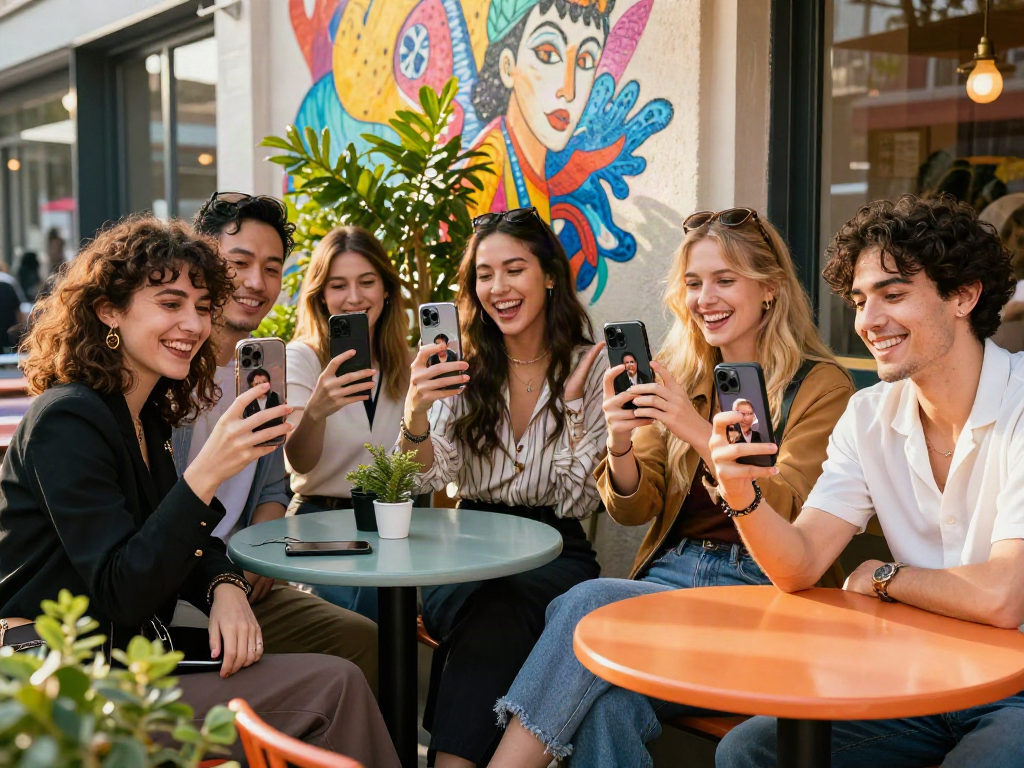 Celebrities look alike fun gathering with friends comparing celebrity match results in vibrant urban setting.