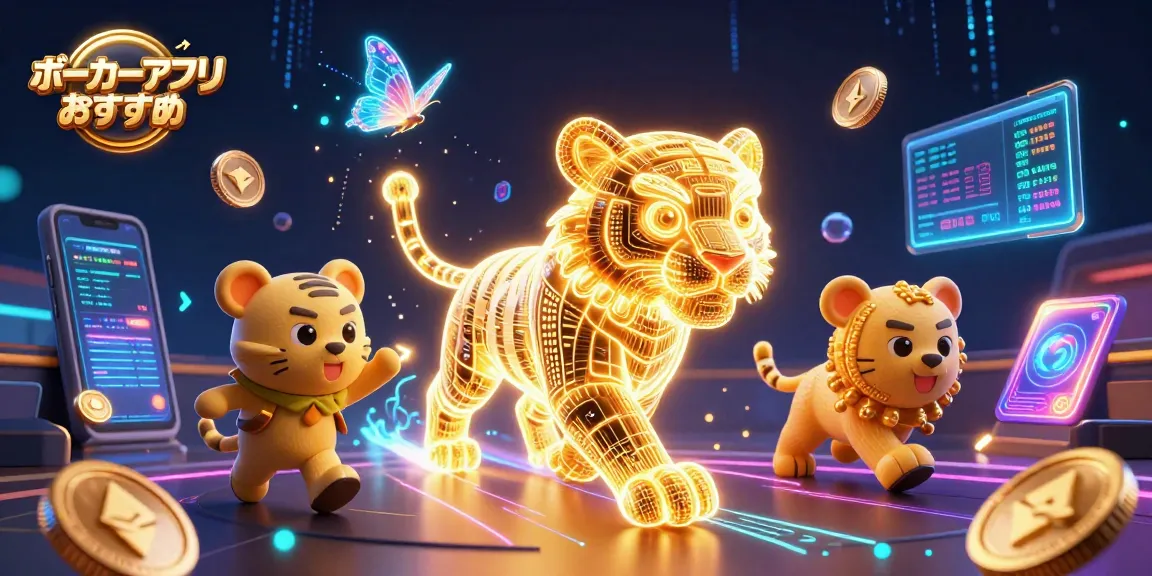 ポーカーアプリ おすすめを紹介する光のエネジーでできた虎がデジタルカジノを駆け巡るビジュアル。