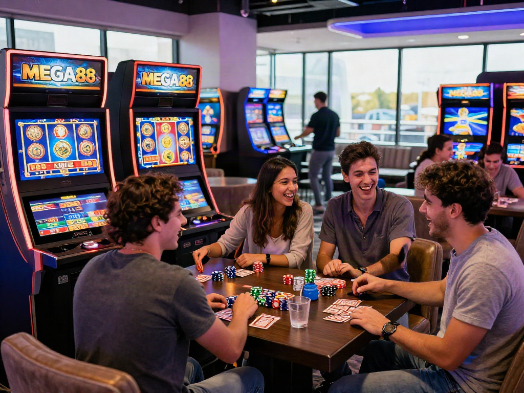 Friends enjoying the MEGA88 gaming experience in a vibrant casino setting.