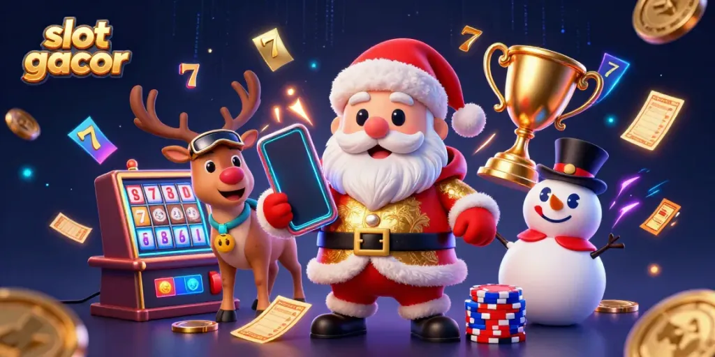 Slot gacor menantang keberuntungan dengan simbol jackpot dan koin emas berserakan di sekelilingnya.