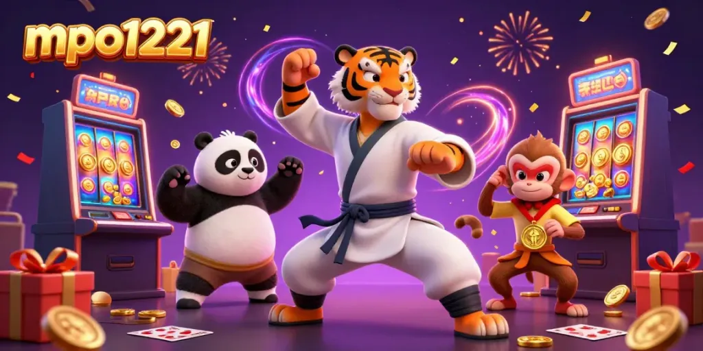 Engage with mpo1221 in a dynamic casino scene featuring colorful slot machines, lively characters, and vibrant gambling elements.