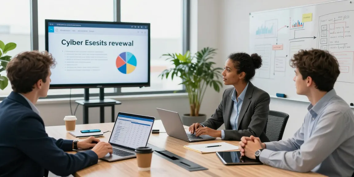 Cyber Essentials renewal discussion among cybersecurity experts in a modern office setting.