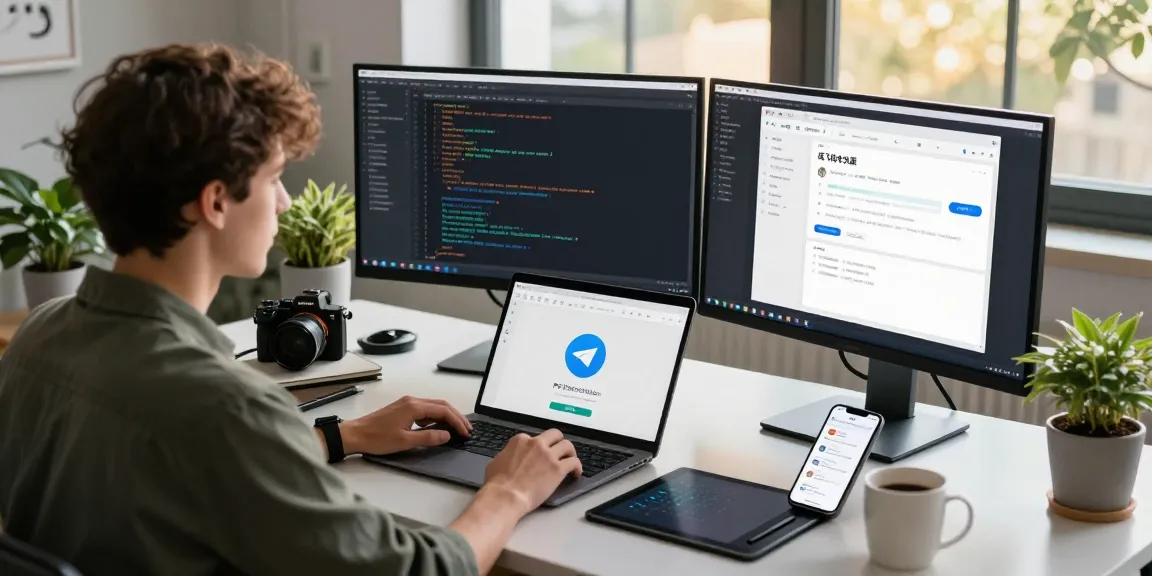 Developer coding 纸飞机中文版 app in a modern workspace featuring multiple screens and dynamic lighting.