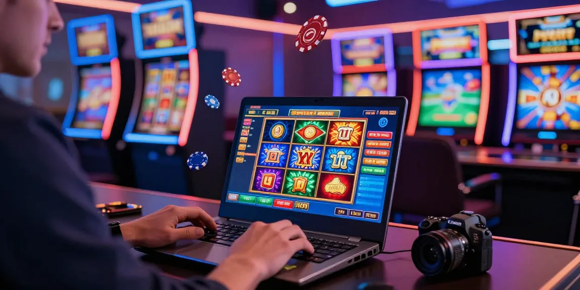 Scène de jeu captivante mettant en avant le meilleur casino en ligne avec des machines à sous vibrantes et des jeux de cartes sur un ordinateur portable.